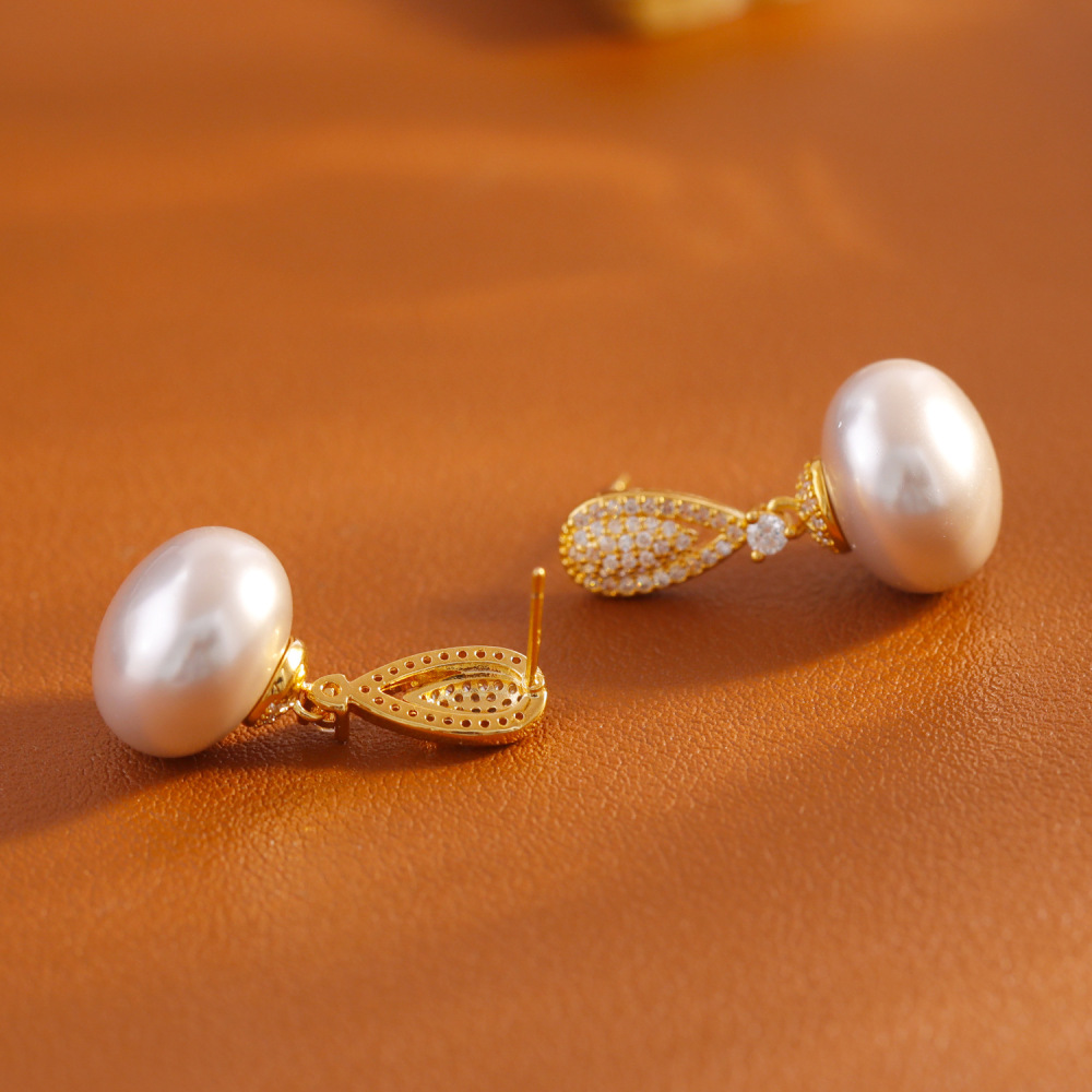 French Luxurious Sparkling Diamond Embedded Pearl Earrings Fashionable High-End Elegant Trendy Jewelry Accessories For Women