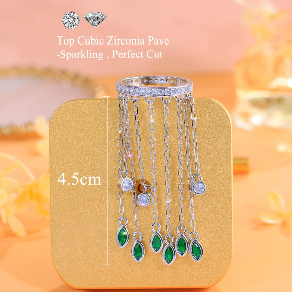 Copper Ring Women Luxury Green Cubic Zirconia Ultra Long Tassel Pendant Ring Fashion Party Dress Jewelry Accessories