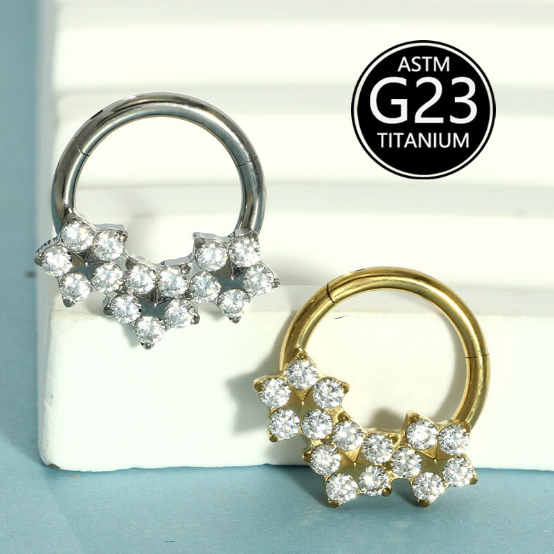 Fashion Titanium Metal Zircon Nose Ring F136 Implant Grade Body Piercing Jewelry Elegant Floral Pattern Unisex Accessories