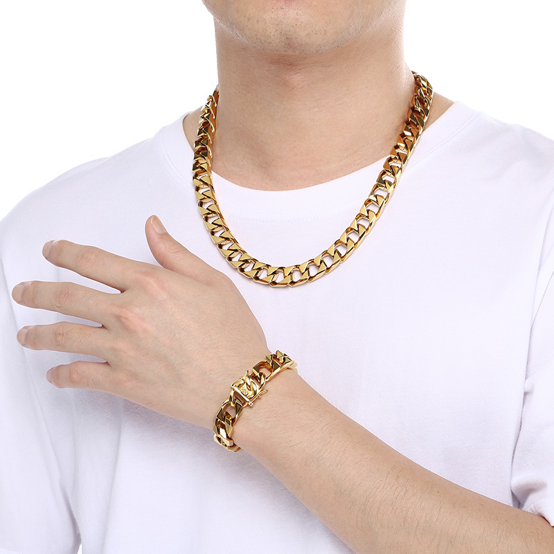 Trendy Titanium Steel Cuban Link Necklace Men's Simple Stainless Steel Jewelry Fashionable Geometric Pattern Vacuum Plated 18K Gold