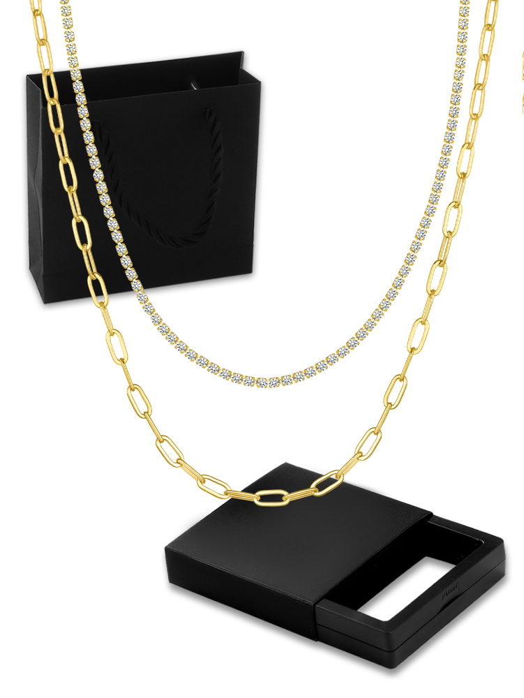 Women's 18K Gold Double Layer Stacked Necklace Set Gift Box Gold Geometric Square Buckle Chain + Micro Pave Diamond Chain French Light Luxury Style Niche Design Choker Exquisite Versatile Accessories