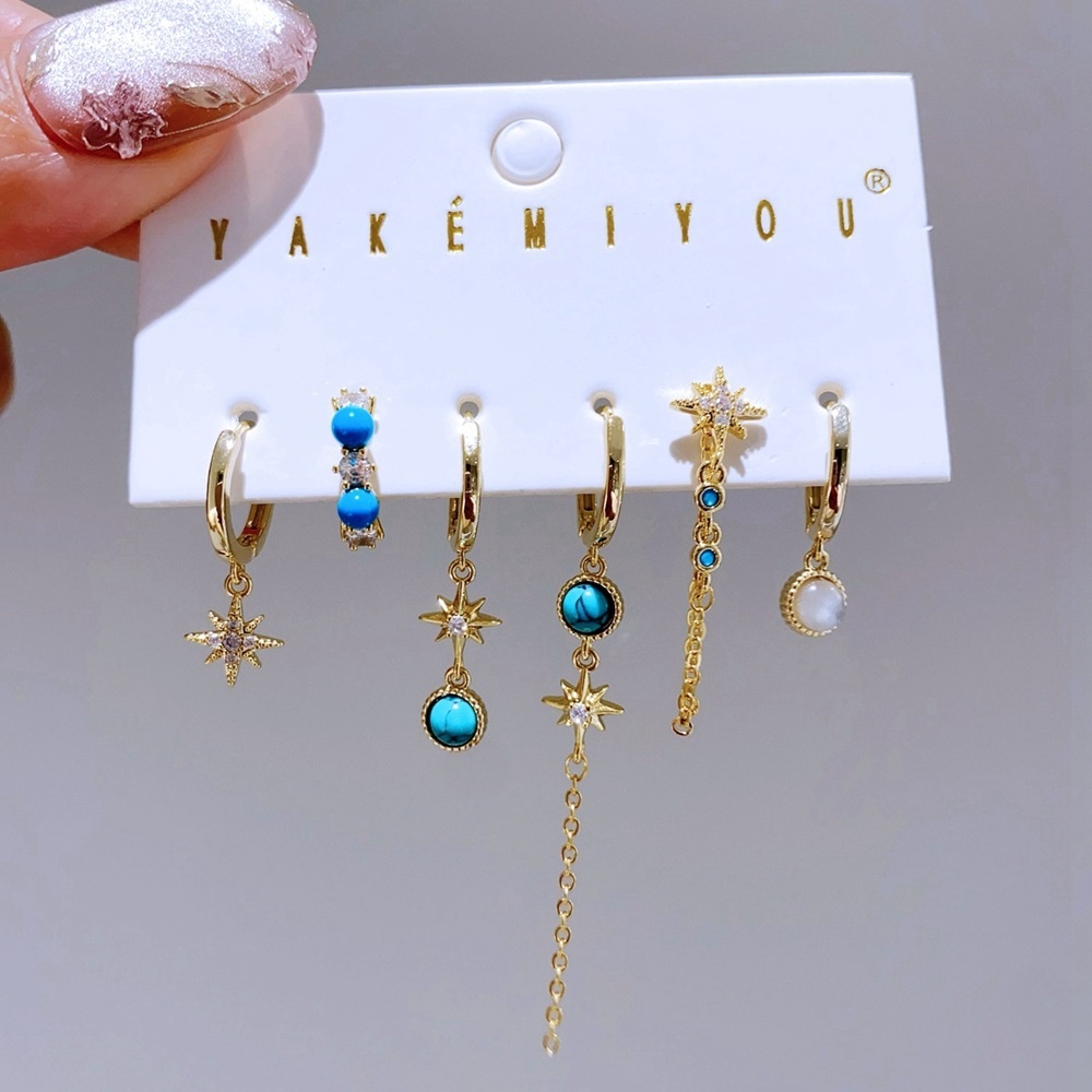Turquoise Star Chain Earrings Set Geometric Rose Gold Plated Copper Women's Jewelry Accessories