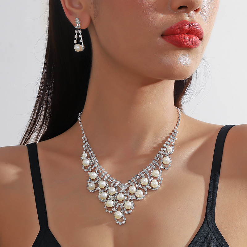 Pearl Rhinestone Necklace Earrings Set Ball Shape Dress Chain Polyester Material Printed Pendant Women Jewelry Accessories