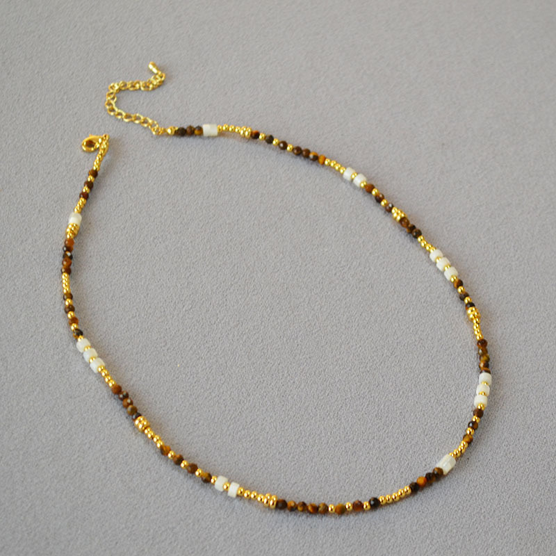 French Vintage Design Shell Beads Tiger Eye Stones Necklace Collarbone Chain Women Simple Elegance Jewelry Accessories