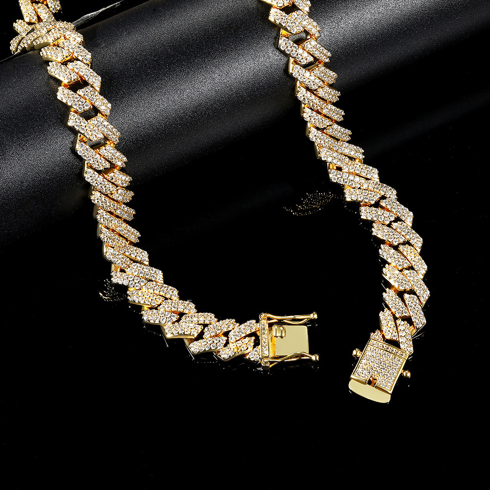 Water Plated Real Gold Electroplated 18K Real Gold Geometric Pattern Copper Heavy Processing Necklace Inlaid With Zircon Cuban Style Diamond Shape Men's Hip Hop Trendy Jewelry Accessories