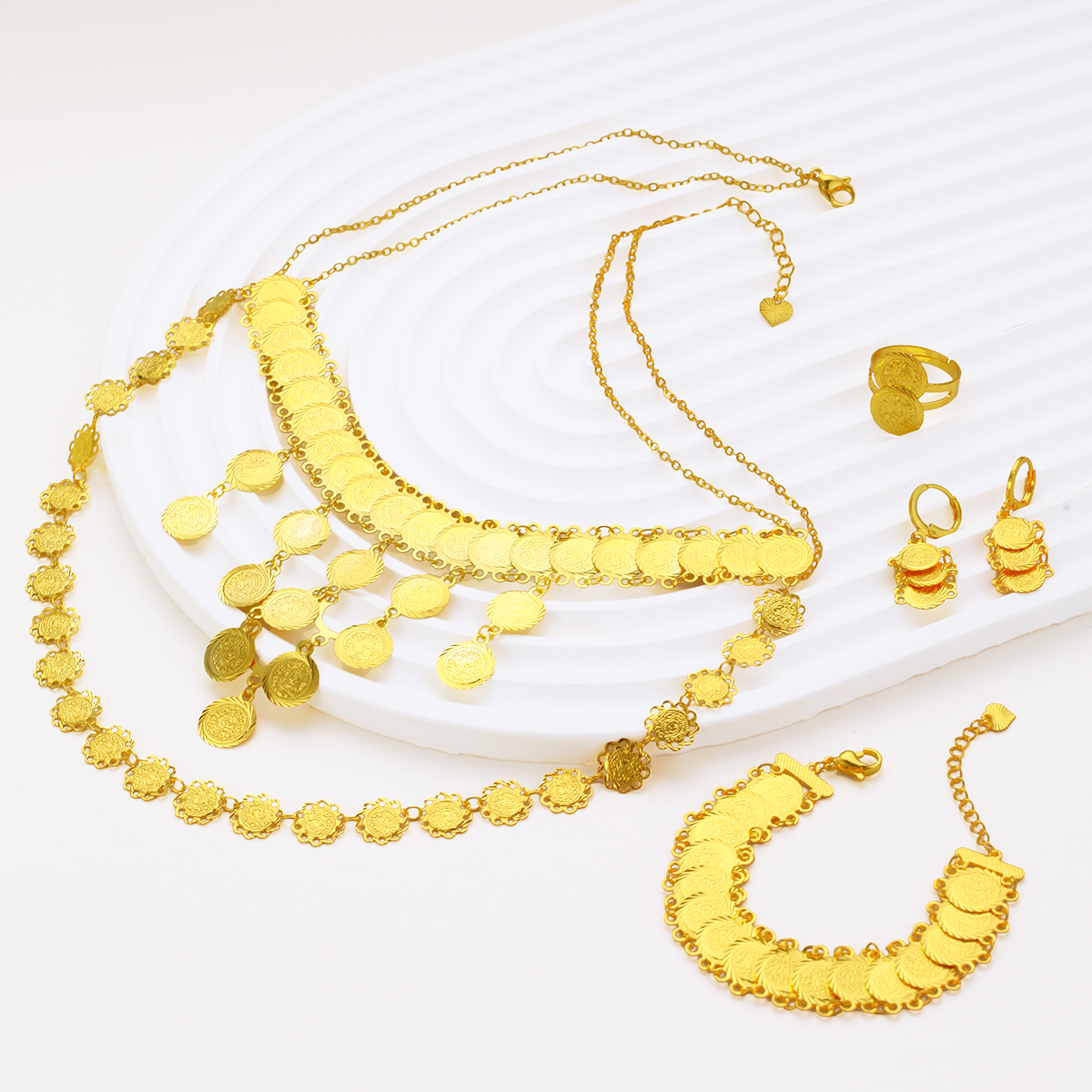 5pcs Fashion Retro Gold Coin Hollow Flower Coin Jewelry Set, Suitable For Daily Wear, Parties, Banquets, Celebrations, Festivals, Holiday Gifts