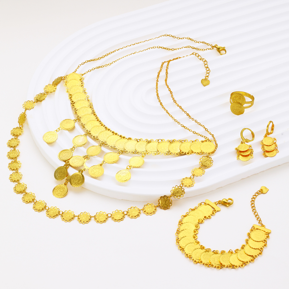 5pcs Fashion Retro Gold Coin Hollow Flower Coin Jewelry Set, Suitable For Daily Wear, Parties, Banquets, Celebrations, Festivals, Holiday Gifts