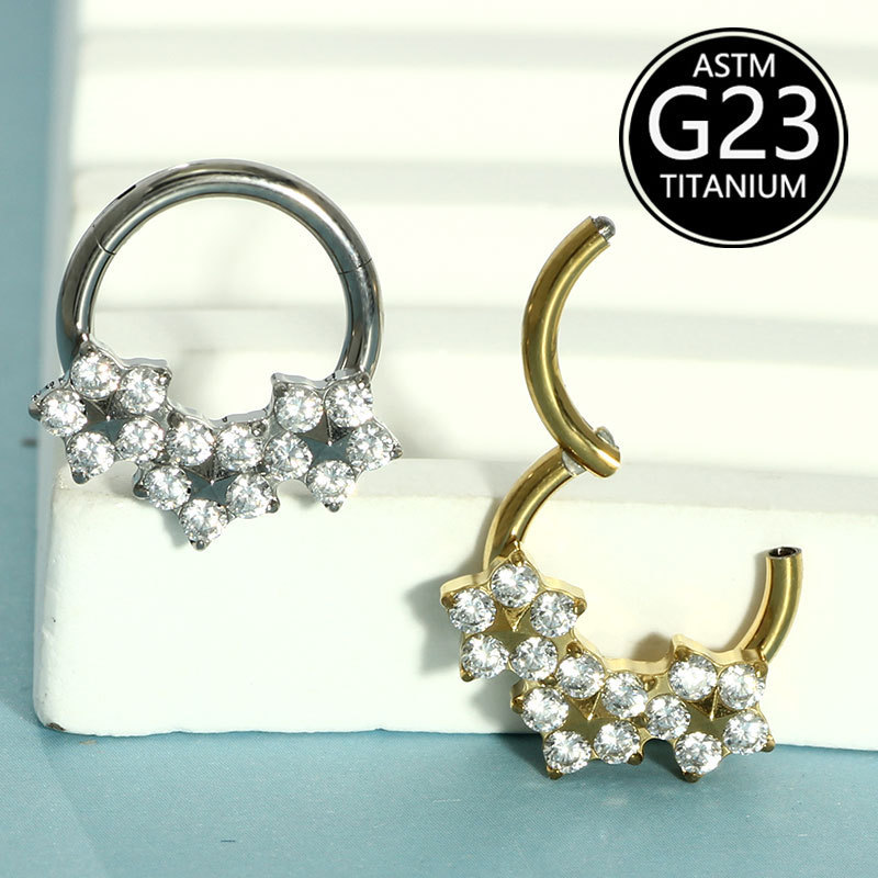 Fashion Titanium Metal Zircon Nose Ring F136 Implant Grade Body Piercing Jewelry Elegant Floral Pattern Unisex Accessories