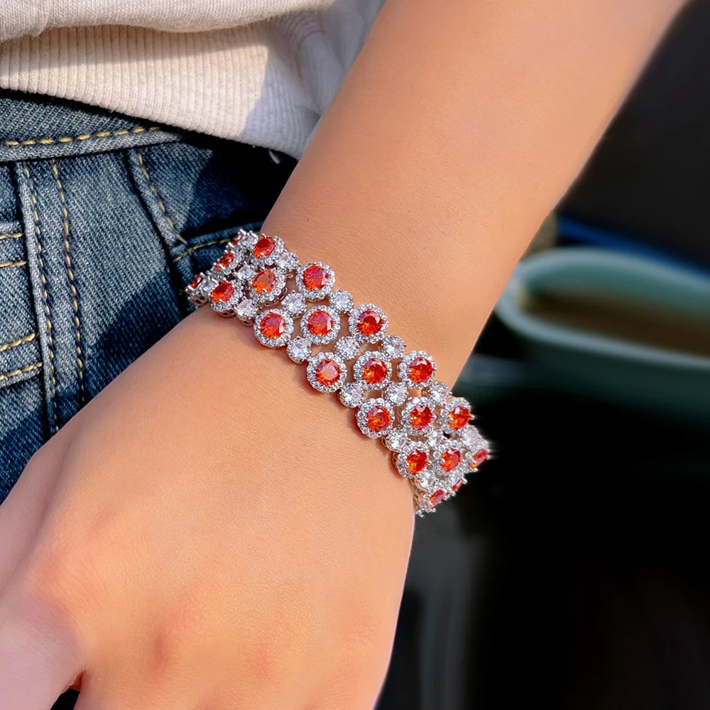 1 Copper Bracelet Luxurious Shiny Red Round Cubic Zirconia Wide Bangle For Women Exquisite Mother's Day Jewelry Holiday Gift