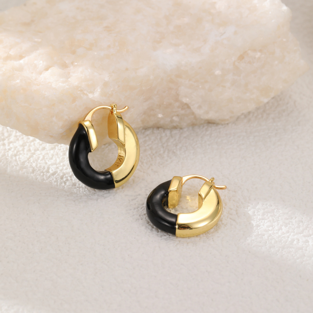 Black Agate Spliced Circle Copper Plated 18K Gold Earrings Unique Design Vintage Feel European American Style Jewelry Accessories