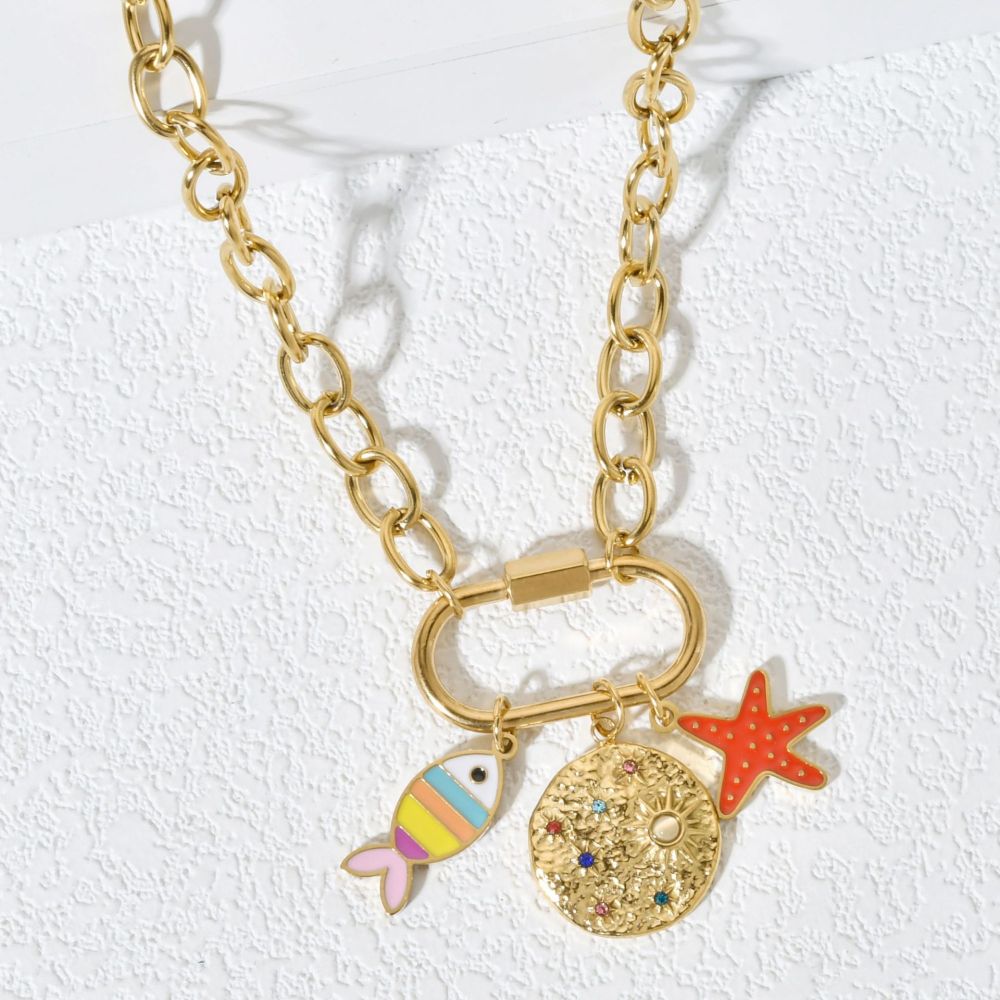 Stainless Steel Pendant Necklace DIY Fish Starfish Ocean Theme Accessories Climbing Buckle Clavicle Chain Jewelry For Women