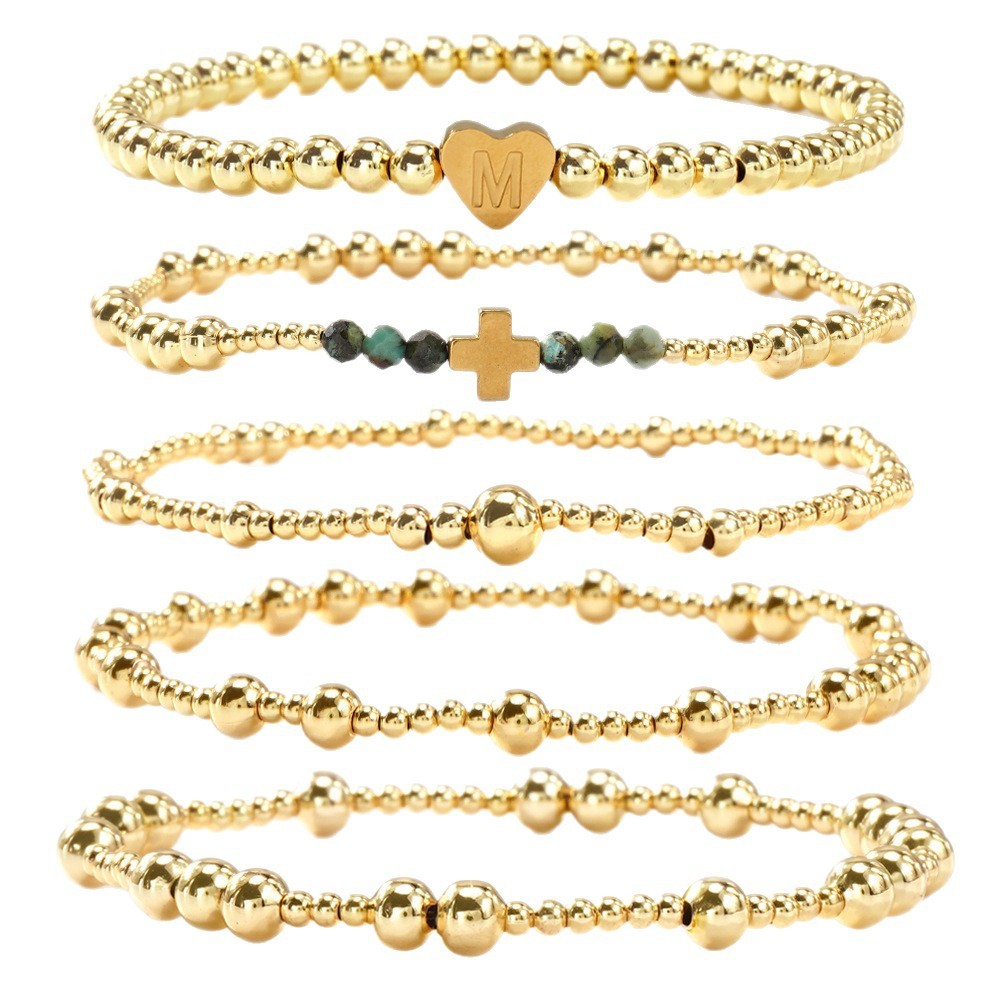 Luxurious Golden Heart Letter African Copper Beads Bracelet Set Of Five Facet Cut Loose Women's Fashion Jewelry Accessories