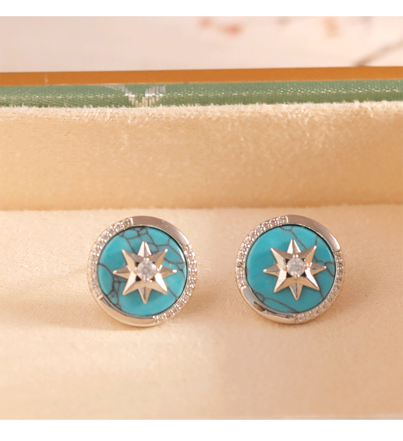 Retro Hong Kong Style Hepburn Turquoise Diamond Embedded Earrings Unique Design Sensation Luxury Fashion Trend New Arrival