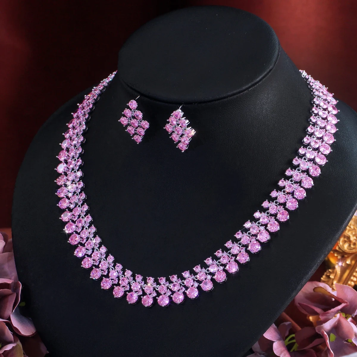 Luxury Shiny Pink Round Cubic Zircon Bridal Wedding Necklace 2pcs Sets For Women Nigerian African Party Jewelry