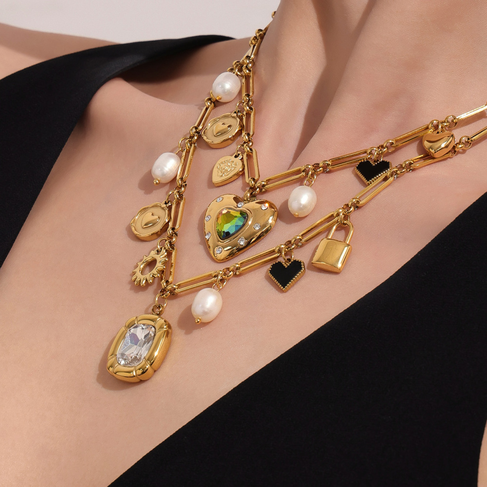 Handmade Stainless Steel Zirconia Heart Pearl Necklace 18K Gold Plated Multi-Accessories Geometric Pattern Jewelry For Women