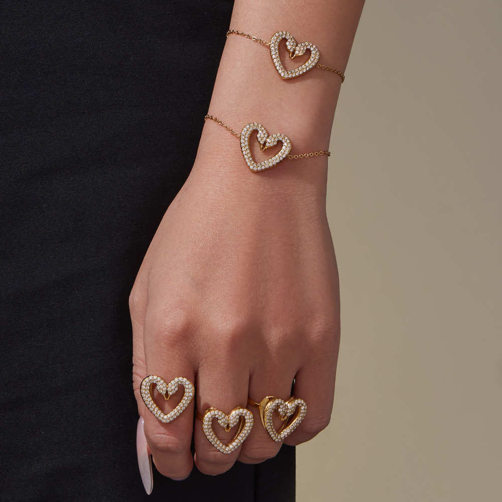 Women's 304 Stainless Steel Handmade Chain Vacuum Electroplating (In Furnace) 18K Gold Plated Geometric Pattern Zircon Full Diamond Double Swan Earrings Ring Bracelet Necklace Heart Full Diamond Jewelry Set Accessories