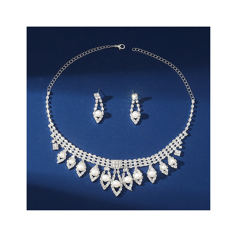 Pearl Rhinestone Necklace Earrings Set Wedding Party Dress Zinc Alloy Jewelry Accessories For Women