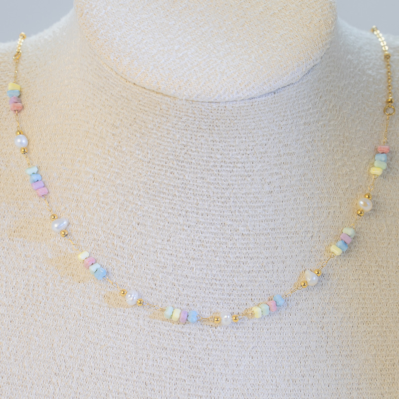 Fashion Luxury Colorful Beaded Necklace Natural Stone Choker Trendy Design Festive Atmosphere Titanium Steel Simple Craftsmanship For Women