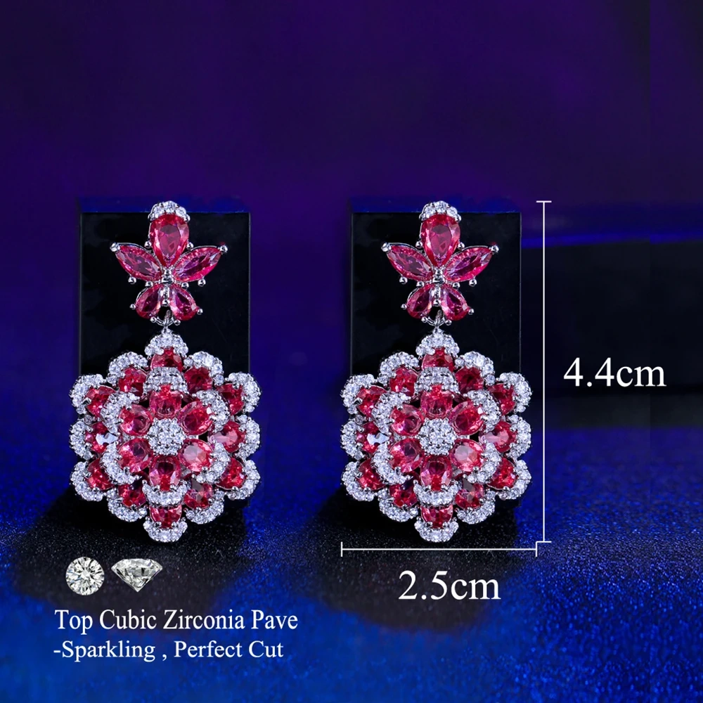 1 Pair Of Copper Double-Layer Floral Earrings, Three-Dimensional Red Zircon Earrings, Fashionable And Elegant, Suitable For Women To Wear On Dates And Weddings