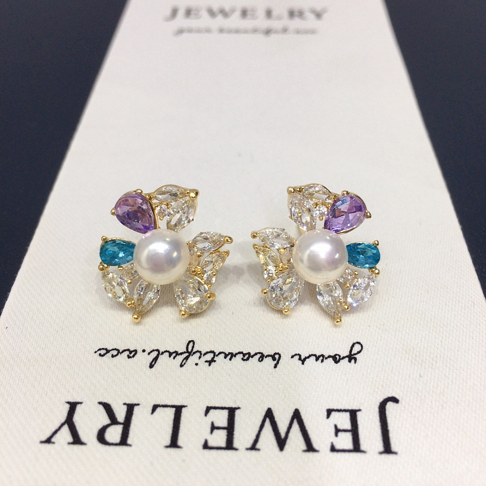 Natural Freshwater Pearl Earrings Women's Colorful Crystal Zircon Flower Pearl Studs Elegant Jewelry Accessories
