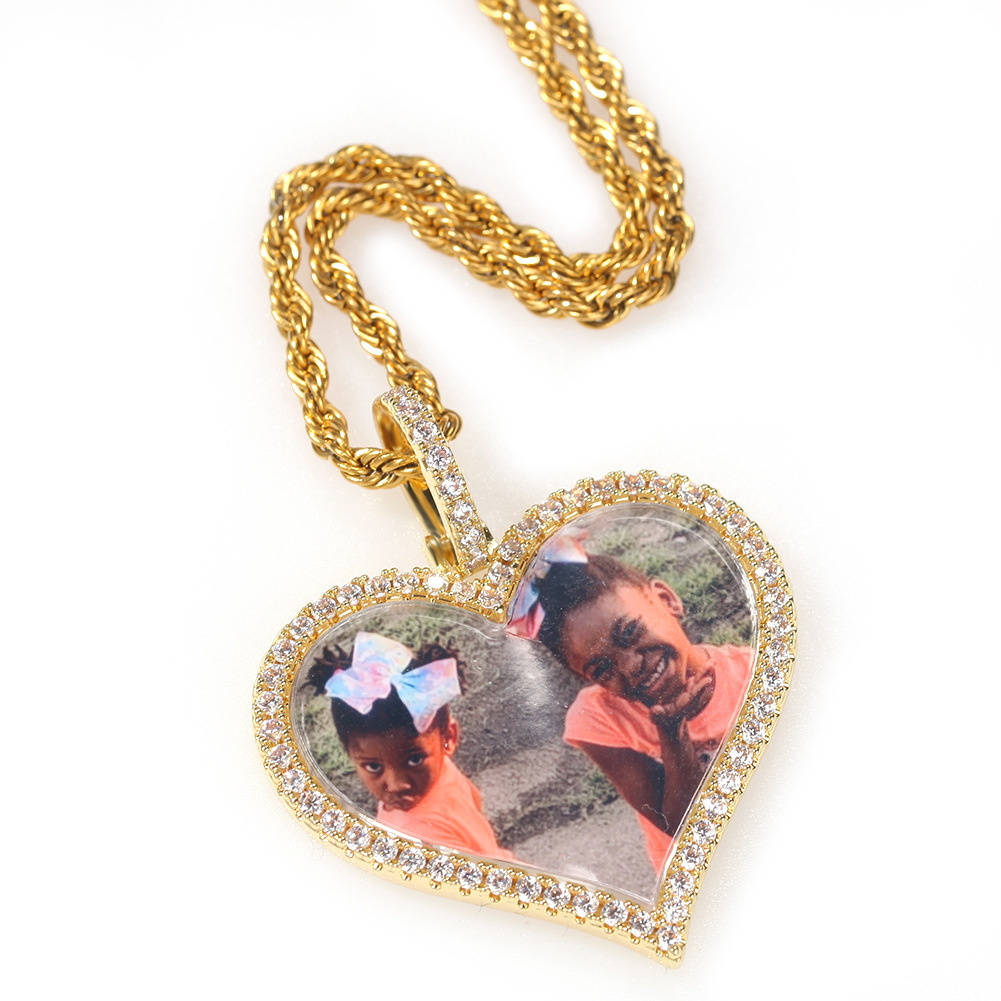 Fashion Hip-Hop Style Pendant Necklace Copper Material Inlaid With Zircon Heart-Shaped Photo Unisex Internet Celebrity Style Jewelry Accessories