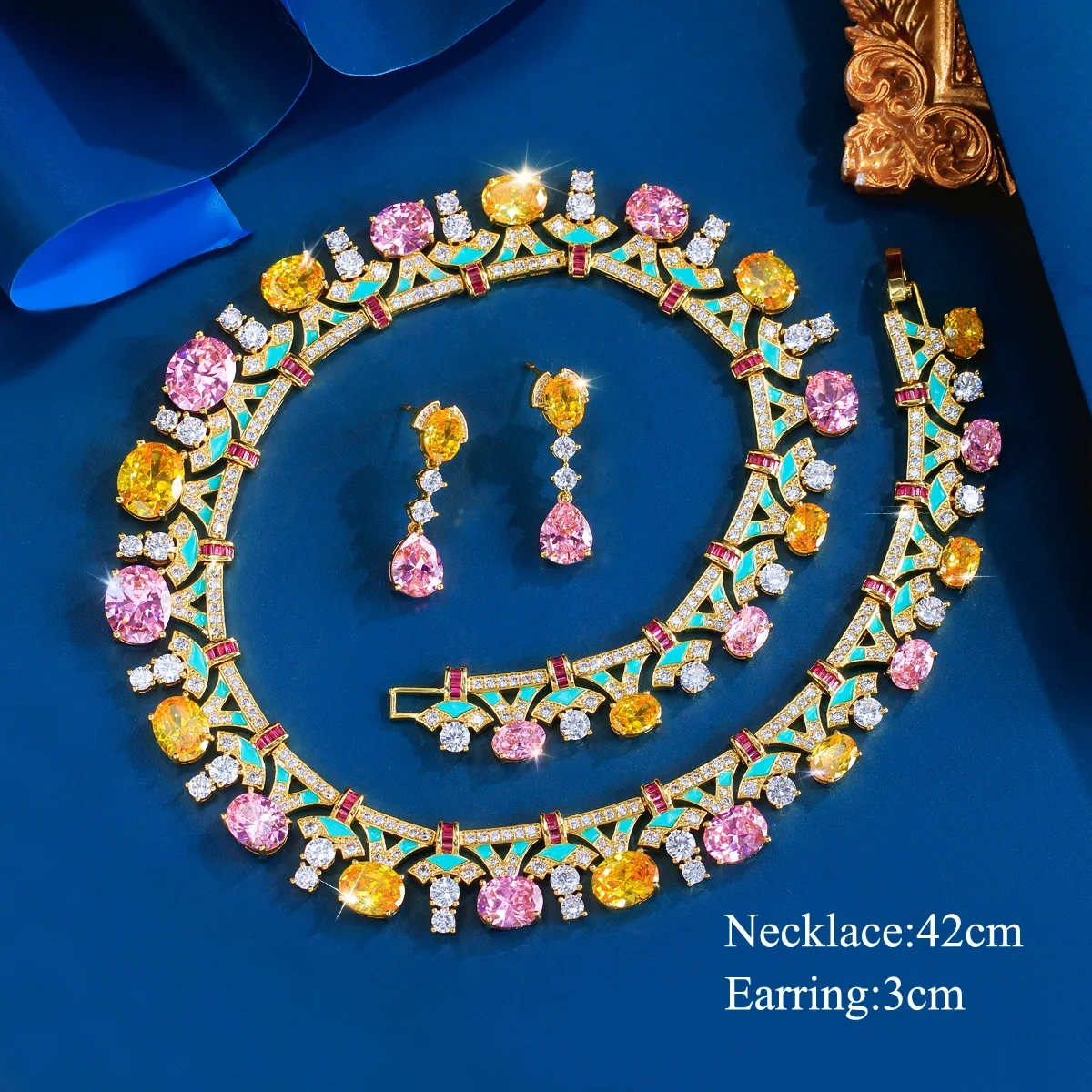 Water Plated White Gold Bohemian Style Colorful Zircon Geometric Flower Copper Jewelry Set Two-Piece Waterproof Non-Fading Safety Buckle Tennis Chain