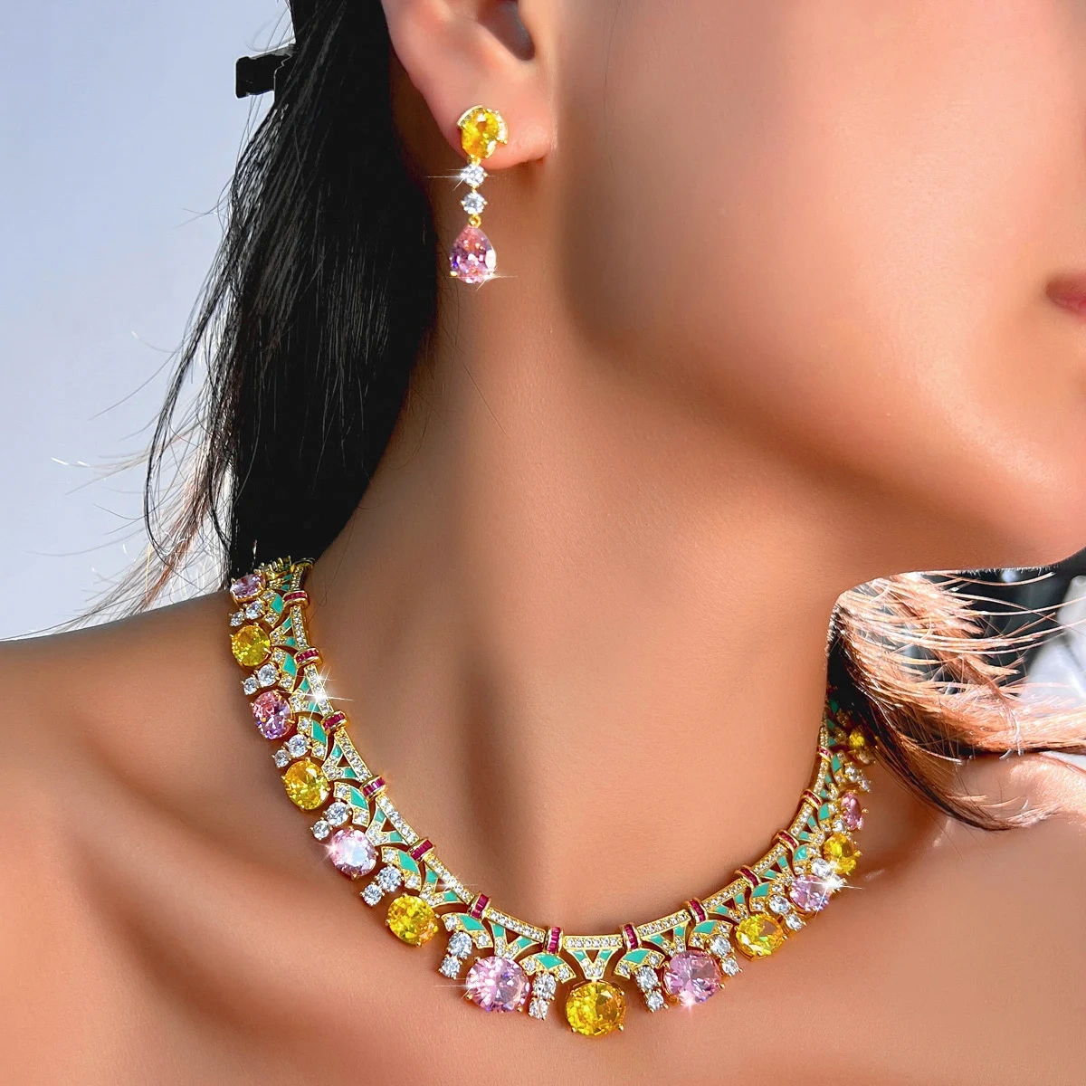 Water Plated White Gold Bohemian Style Colorful Zircon Geometric Flower Copper Jewelry Set Two-Piece Waterproof Non-Fading Safety Buckle Tennis Chain