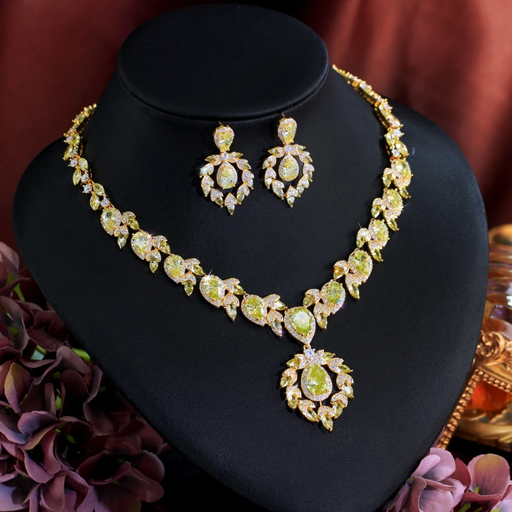 Luxury Olive Green CZ Zircon Big Leaf Necklace 2Pcs Sets For Women Dubai Gold Color Wedding Party Dress Jewelry