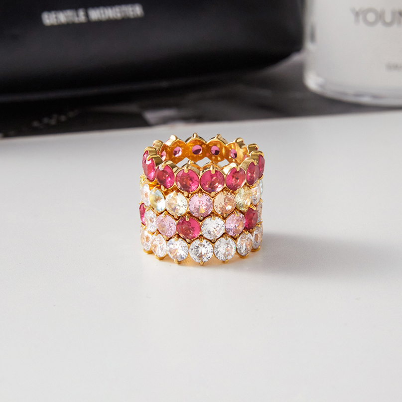 Women's Classic Style 18K Gold Stainless Steel + Zircon Inlaid Pink White Round Zircon Ring Size 7