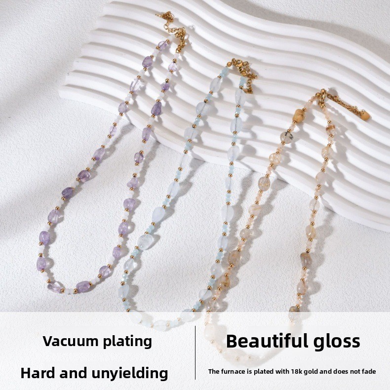 Fashionable Irregular Amethyst Hair Crystal Beaded Necklace Stainless Steel Sea Turquoise Luxury Dainty Clavicle Chain Women