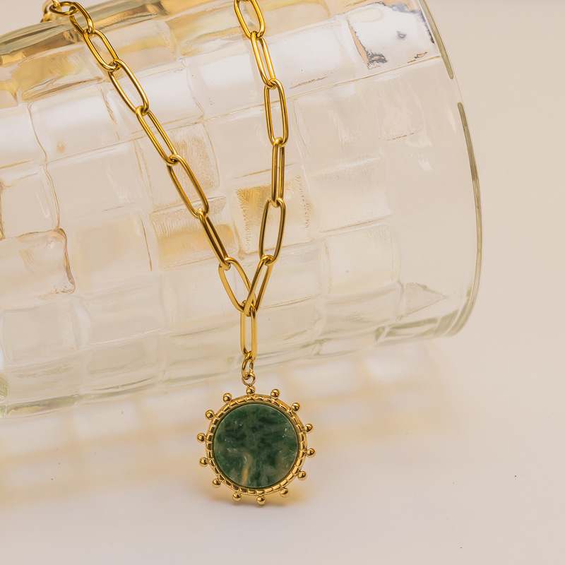 Bohemian Style Gold-Plated Sun 304 Stainless Steel Titanium Steel Necklace Natural Stone Round Pendant Luxurious Simple Women's Jewelry Accessories