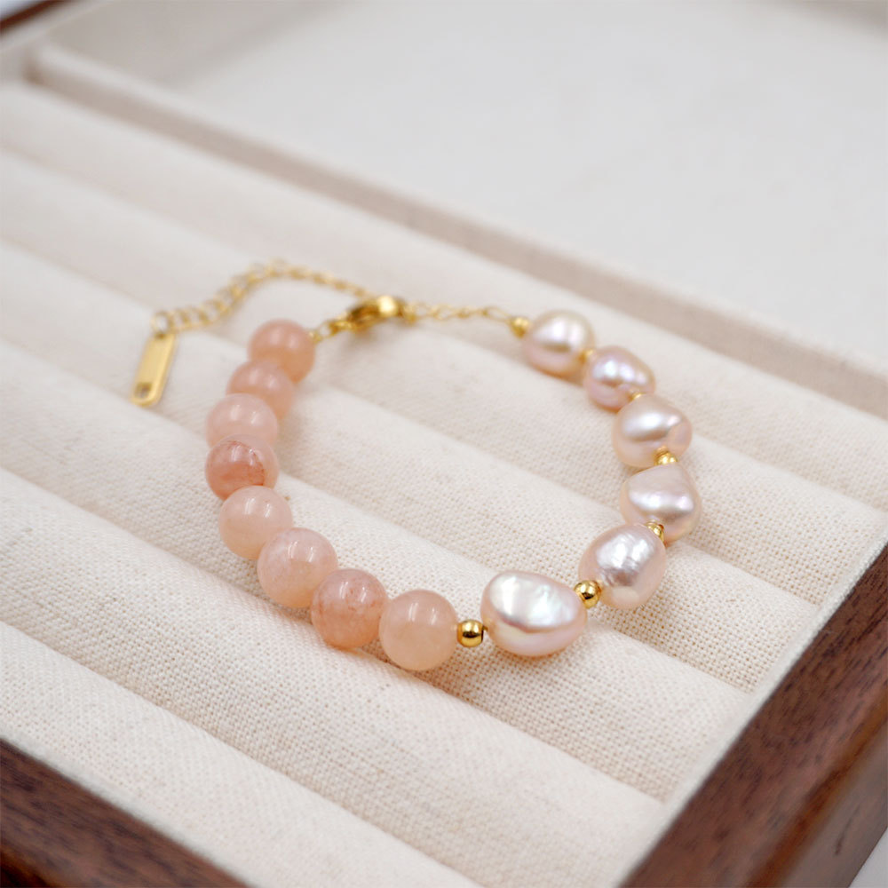 French Romantic Pink Pearl Bracelet Freshwater Pearl Sunstone Hand Jewelry Elegant Atmosphere Best Friend Bracelet Accessories