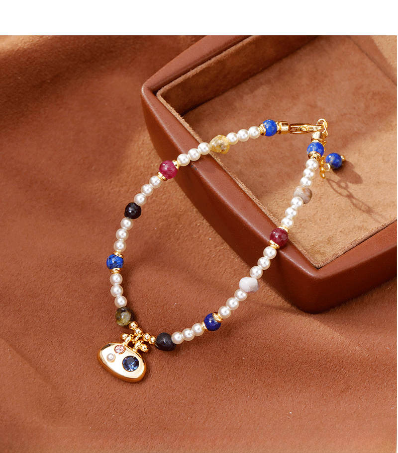 Original Design Vacation Style Women's Bracelet Fashion Luxury Imitation Pearl Lapis Lazuli Accessories Geometric Pattern Copper