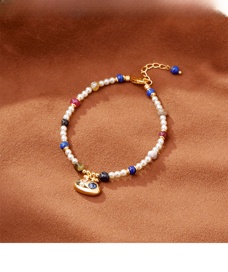 Original Design Vacation Style Women's Bracelet Fashion Luxury Imitation Pearl Lapis Lazuli Accessories Geometric Pattern Copper