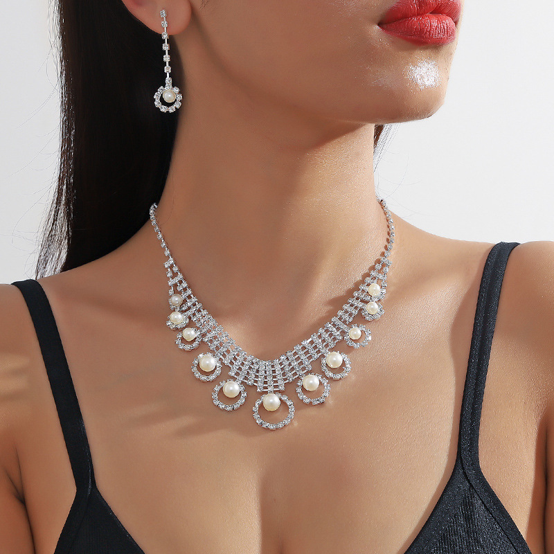 Pearl Rhinestone Necklace Earrings Set Wedding Party Dress Zinc Alloy Jewelry Accessories For Women