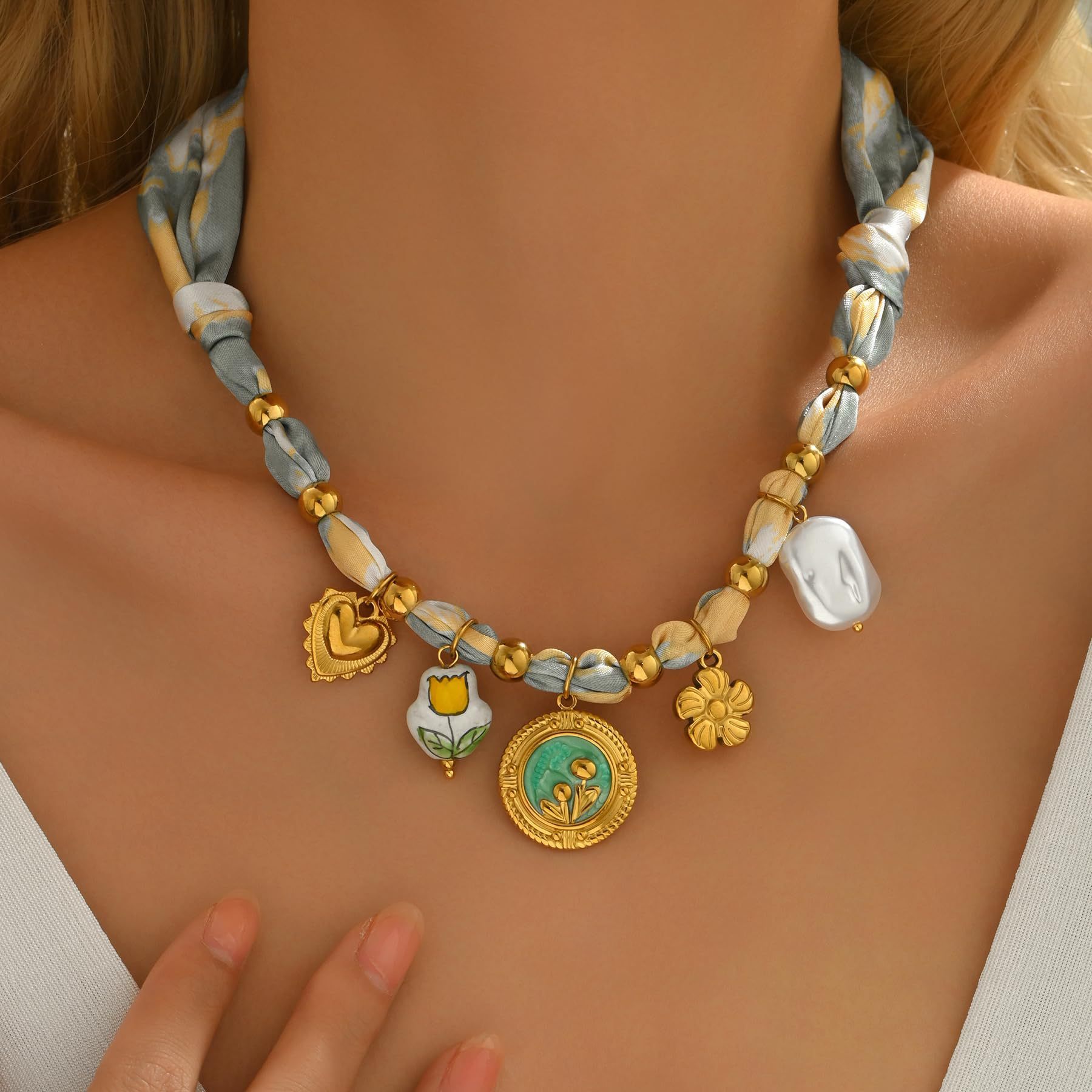 Bohemian Style Long Silk Scarf Necklace Luxury Heart Flower Pendant Artistic Personality Jewelry Gift For Women
