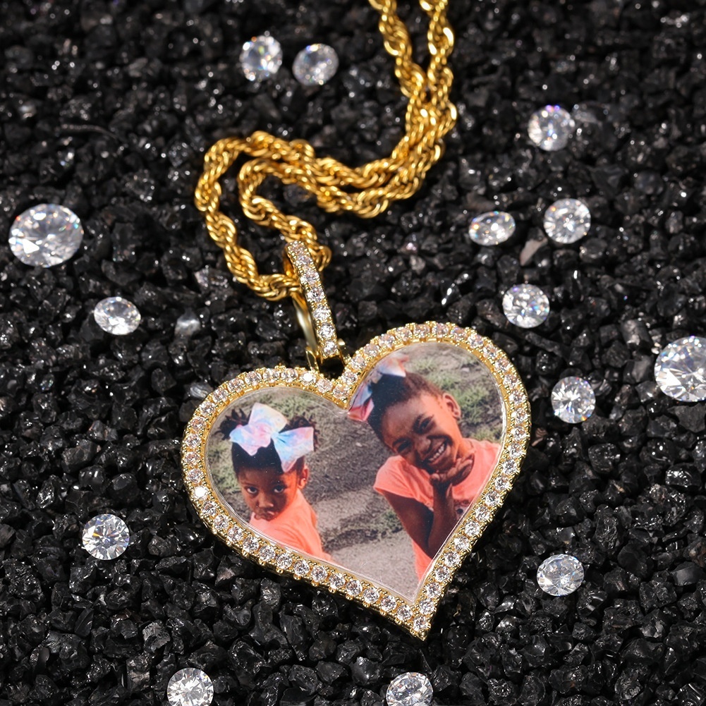 Fashion Hip-Hop Style Pendant Necklace Copper Material Inlaid With Zircon Heart-Shaped Photo Unisex Internet Celebrity Style Jewelry Accessories