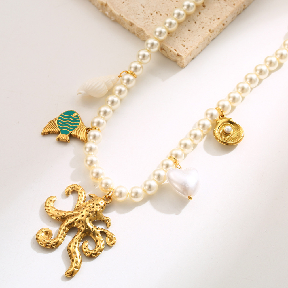 Elegant Ocean Elements Heart-shaped Octopus Turtle Pearl Pendant Necklace Geometric Pattern Titanium Steel Women Jewelry Accessories Minimalist Style