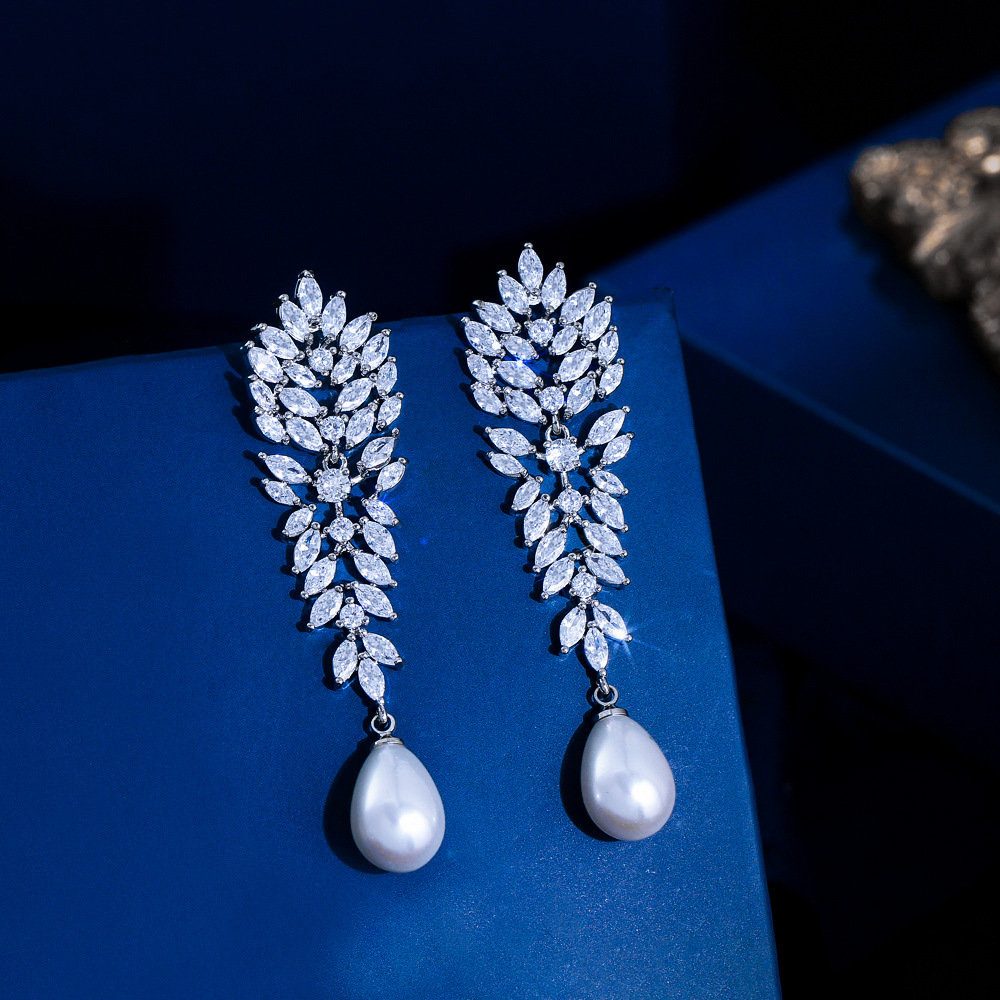 Elegant Long Pearl Drop Earrings With Sparkling Zircon Copper Design Wedding Party Date Festival Fashion Jewelry Accessories