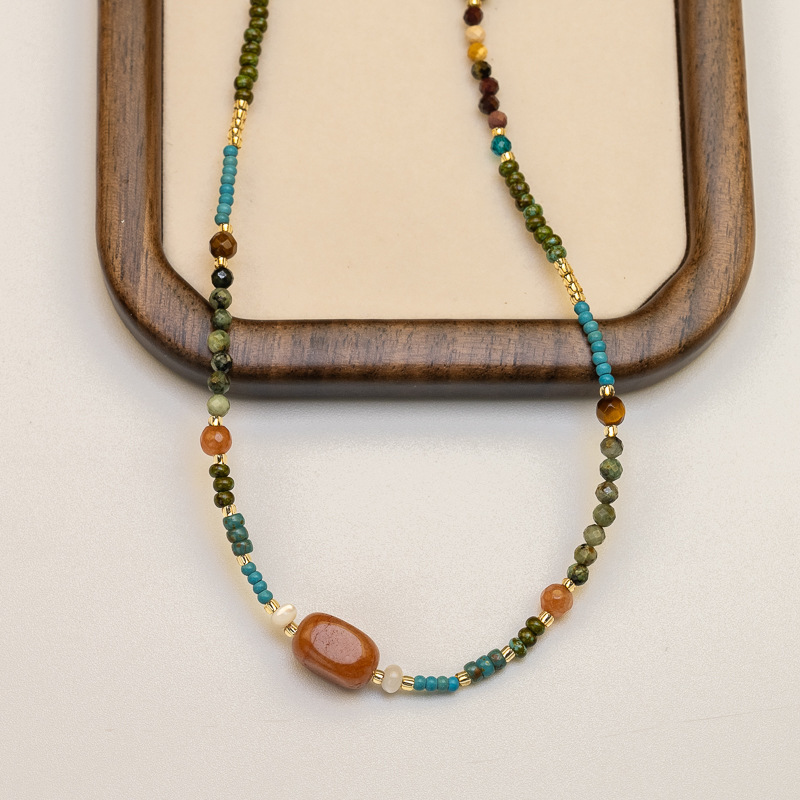 Vintage Natural Stone Beads Pearl Geometric Pattern 304 Stainless Steel Titanium Steel Pendant Necklace Women's High-End Luxury Layered Jewelry Accessories