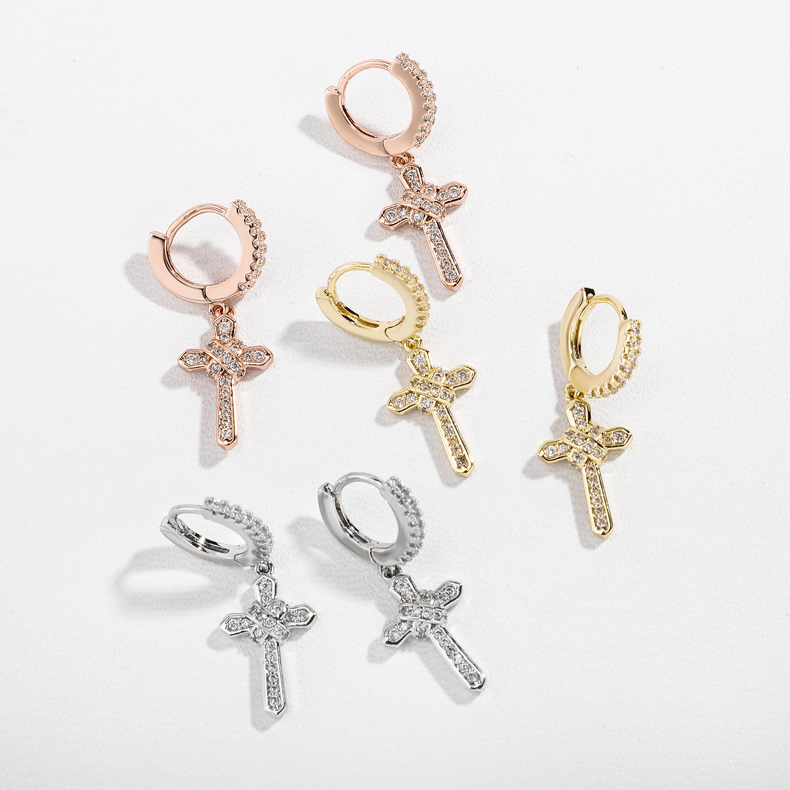 Super Shiny Full Zircon Cross Earrings Unisex Retro Hip Hop Design Fashionable Jewelry Men's Women's Ear Jewelry Accessories
