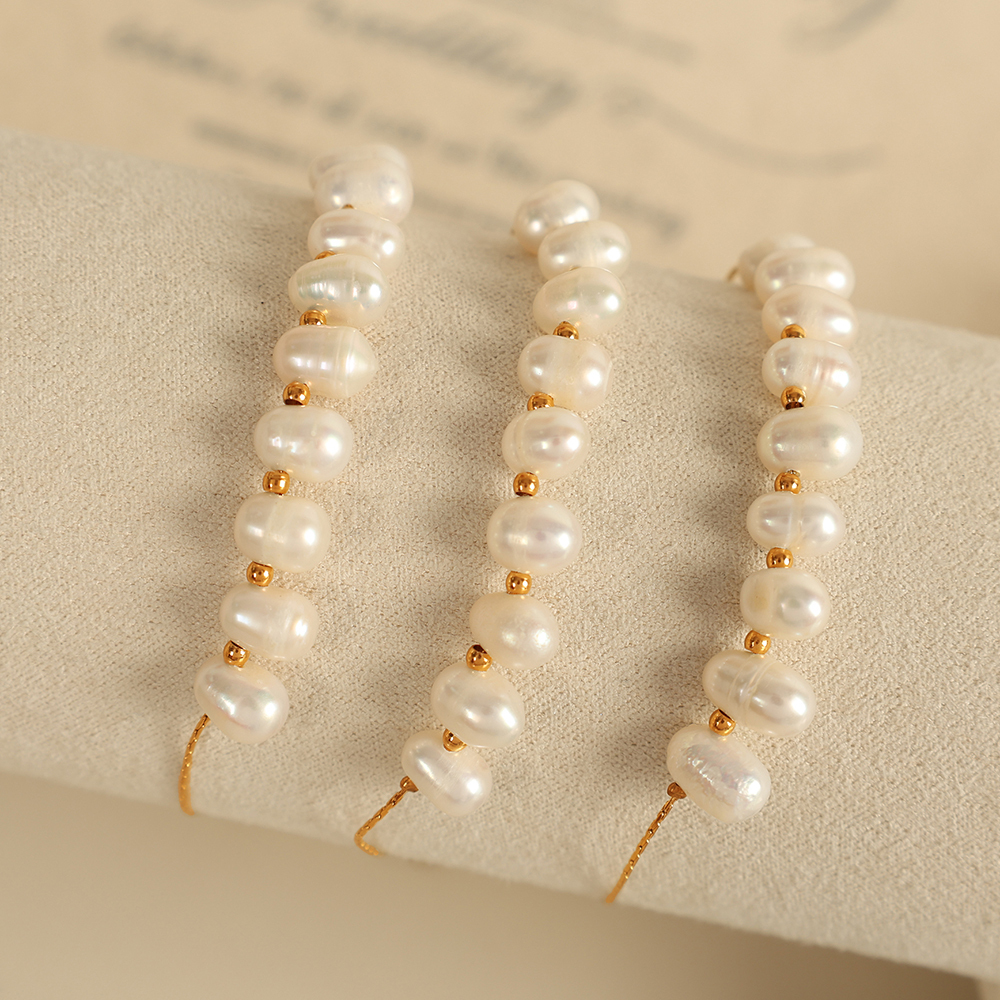 Women's 304 Stainless Steel Ion Plating (IP) 18K Gold Plated Beaded Polishing Plating Oval Freshwater Pearl Bracelets Imitation Pearl Jewelry
