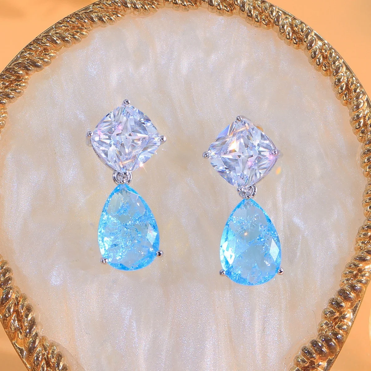 Beautiful Shiny White Light Blue CZ Zircon Big Water Drop Dangle Earrings For Women Boho Wedding Party Jewelry