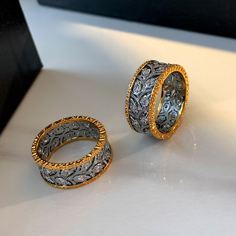 New Chinese Style Tang Pattern Grass Ring Women's Luxury Sensation Diamond Embedded Index Finger Ring French Vintage Band