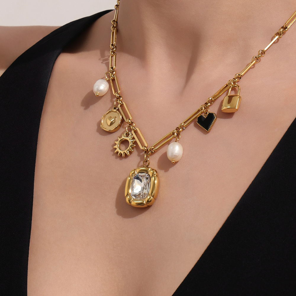 Handmade Stainless Steel Zirconia Heart Pearl Necklace 18K Gold Plated Multi-Accessories Geometric Pattern Jewelry For Women