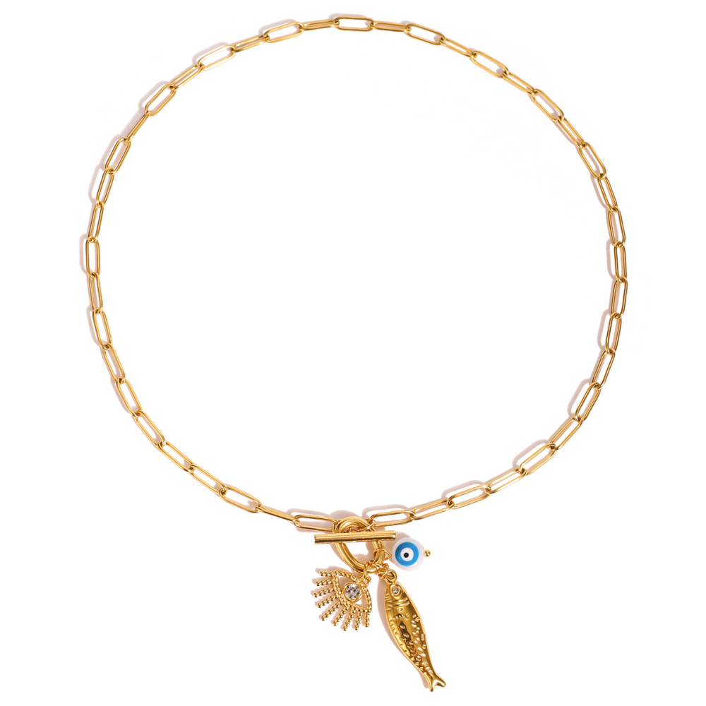 Women's Classic Style 18K Gold Stainless Steel + Resin + Rhinestone Devil's Eye With White Rhinestone + Fish With White Diamond + Resin Devil's Eye Pendant OT Clasp Necklace 45CM