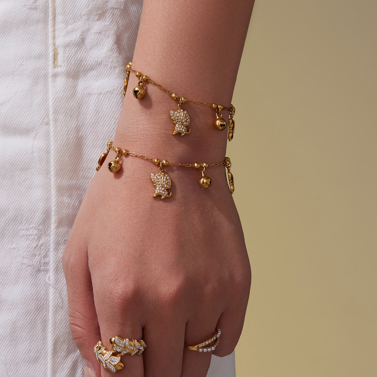 Stainless Steel 18K Gold Plated Zircon Dog Bell Shaped Bracelet Necklace Set Multi Accessories Jewelry For Women Simple Style