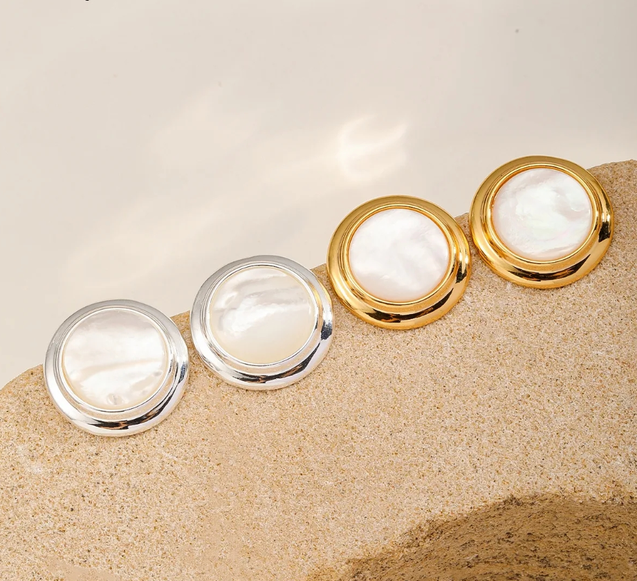 Natural Shell Earrings Round Geometric Design 18K Gold Plated 925 Silver Post Vintage Style Women's Jewelry Accessories