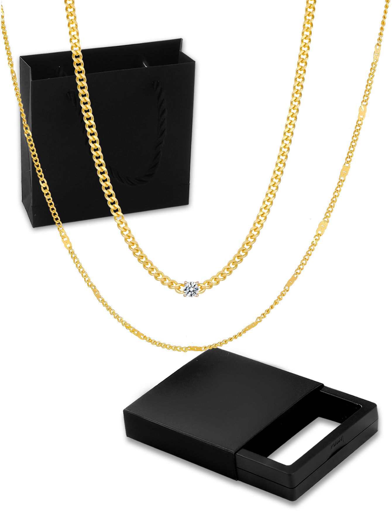 Women's 18K Gold Double Layer Stacked Necklace Set Gift Box Gold Geometric Square Buckle Chain + Micro Pave Diamond Chain French Light Luxury Style Niche Design Choker Exquisite Versatile Accessories