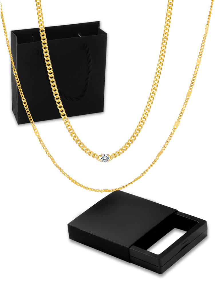 Women's 18K Gold Double Layer Stacked Necklace Set Gift Box Gold Geometric Square Buckle Chain + Micro Pave Diamond Chain French Light Luxury Style Niche Design Choker Exquisite Versatile Accessories